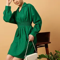 MINT STREET Shirt Collar Cuffed Sleeve Smocked & Gathered Pure Cotton Fit & Flare Dress-image-17