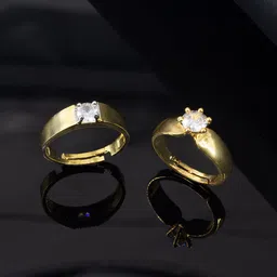 PRIVIU Set Of 2 Gold-Plated American Diamond Stone-Studded Adjustable Couple Rings-picture-21