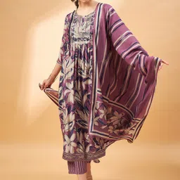 all about you Lavender Floral Printed Thread Work A-Line Kurta & Trousers With Dupatta-picture-12
