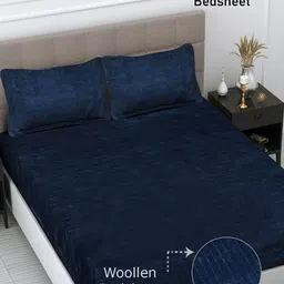 FABINALIV Navy Blue Striped Woollen 300 TC King Bedsheet With 2 Pillow Covers-image-33