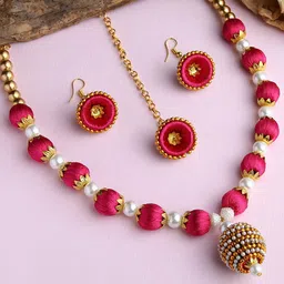 AKSHARA Gold-Plated Pink & White Stones-Studded & Beaded Wooden Balls Silk Thread Jewellery Set-image-53