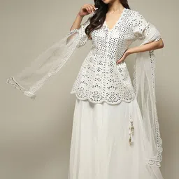 Biba Embroidered V-Neck Mirror Work Ready to Wear Lehenga with Choli & Dupatta-image-52