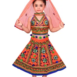 ahhaaaa Girls Orange & Blue Embroidered Ready to Wear Cotton Lehenga Choli With Dupatta-picture-12