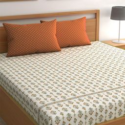 CHHAVI INDIA Cream-Coloured & Grey Floral 210 TC Queen Bedsheet with 2 Pillow Covers-picture-42