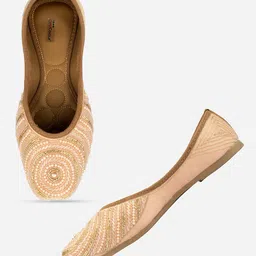 DESI COLOUR Women Peach-Coloured Embellished Leather Ethnic Ballerinas Flats-image-95