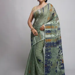 WoodenTant Woven Design Silk Cotton Jamdani Saree-image-6