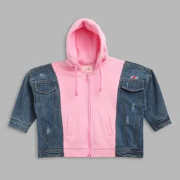 Blue Giraffe Girls Pink Blue Washed Colourblocked Crop Denim Jacket-picture-1