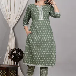 SIGNORIA Floral Printed Round Neck Regular Pure Cotton Straight Kurta With Trouser-picture-16