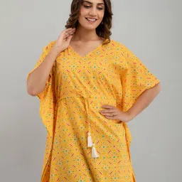 FrionKandy Yellow Floral Print Extended Sleeves Cotton Kaftan Longline Top-picture-33