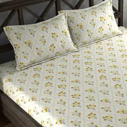Yellow Floral 210 TC Microfiber Queen Sized Bed Sheets with 2 Pillow Covers by Chhavi India image 4