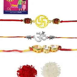 Yellow Chimes Set Of 3 Rakhi With Roli Rice & Greeting Card image 2