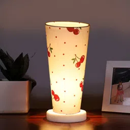 Devansh White Cotton Cylinder Table Lamps With White Round Wood Base image 5