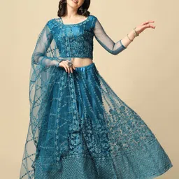 Warthy Ent Turquoise Blue Embroidered Semi-Stitched Lehenga & Unstitched Blouse &Dupatta image 2