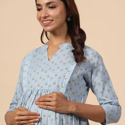 CRAFIQA Ethnic Motif Printed Maternity Mandarin Collar Pure Cotton Anarkali Kurta image 2