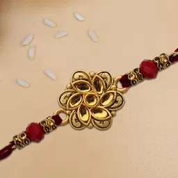 STYBUZZ Gold-Toned & Red Rakhi With Greeting Card and Roli Chawal image 2