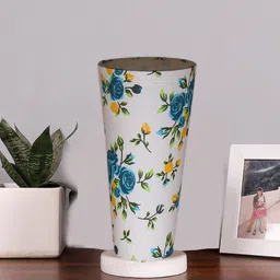 Devansh White & Blue Cotton Cylinder Table Lamps With White Round Wood Base image 4