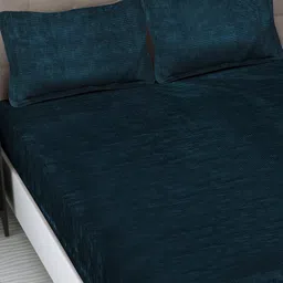 FABINALIV Turquoise Blue Striped Woollen 300 TC King Bedsheet With 2 Pillow Covers image 5