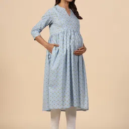 CRAFIQA Ethnic Motif Printed Maternity Mandarin Collar Pure Cotton Anarkali Kurta image 5