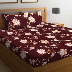 arrabi Brown Floral 300 TC Poly Cotton Queen Sized Bed Sheets with 2 Pillow Covers-picture-17
