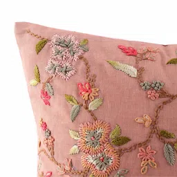 khaabka Pink Textured Cotton Linen 16 x 16 Inches Embroidered Cushion Cover image 3