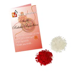LUCKY JEWELLERY Set Of 2 Swastik Charm Rakhis With Roli Chawal & Greeting Card image 2