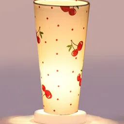 Devansh White Cotton Cylinder Table Lamps With White Round Wood Base image 3