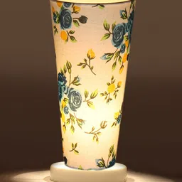 Devansh White & Blue Cotton Cylinder Table Lamps With White Round Wood Base image 5