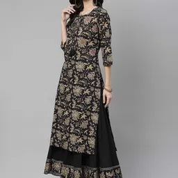 KALINI Floral Printed Tie-Up Neck Regular Pure Cotton Kurta With Palazzos image 5
