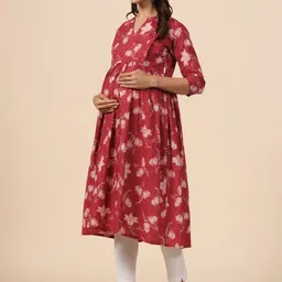 CRAFIQA Maternity Floral Printed Band Collar Pure Cotton Anarkali Kurta image 5