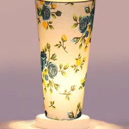 Devansh White & Blue Cotton Cylinder Table Lamps With White Round Wood Base image 3