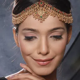 Saraf RS Jewellery Gold-Plated AD-Studded & Beaded Antique Temple Matha Patti image 4