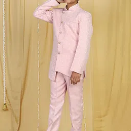Aj DEZInES Boys Pink Solid Sherwani With Trouser image 5