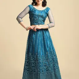 Warthy Ent Turquoise Blue Embroidered Semi-Stitched Lehenga & Unstitched Blouse &Dupatta image 3
