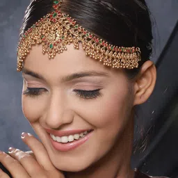 Saraf RS Jewellery Gold-Plated AD-Studded & Beaded Antique Temple Matha Patti image 2