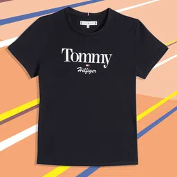 Tommy Hilfiger Girls Navy Blue Brand Logo Glitter Print Round Neck Indigo Pure Cotton Top-picture-21
