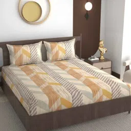 Brown Geomatric Glace Cotton Queen Flat Bed Sheets with 2 Pillow Covers (240 tc)-image-26