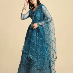Warthy Ent Turquoise Blue Embroidered Semi-Stitched Lehenga & Unstitched Blouse &Dupatta image 5