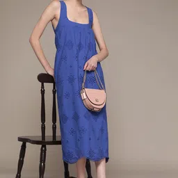 MANGO Blue Self Design Pure Cotton Sustainable Square Neck Schiffli A-Line Midi Dress image 5