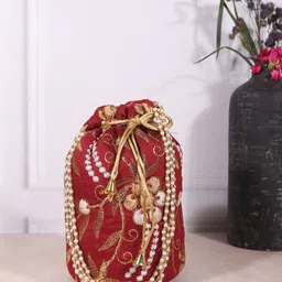 LIKAA Maroon & Gold-Toned Embroidered Potli Clutch-picture-15