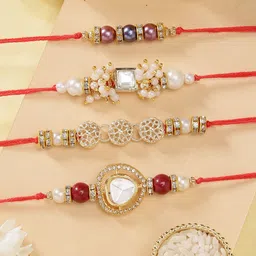 KARATCART Set of 4 Gold-Plated Kundan-Studded Rakhi With Roli Chawal-picture-18