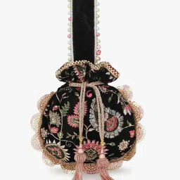 Anekaant Women Black & Pink Embroidered Potli Clutch-picture-24