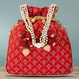 Peora Red & Gold-Toned Embroidered Potli Clutch image 1