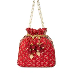 Peora Red & Gold-Toned Embroidered Potli Clutch image 2