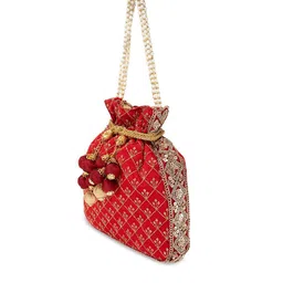 Peora Red & Gold-Toned Embroidered Potli Clutch image 4