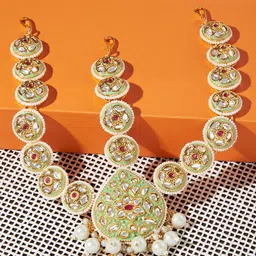 zaveri pearls Zaveri Women Gold-Plated Green & Pink Kundan Studded Floral  Minakari Designed Mathapatti image 2