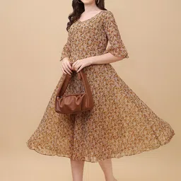 Vidraa Western Store Floral Print Bell Sleeve Georgette A-Line Midi Dress image 5