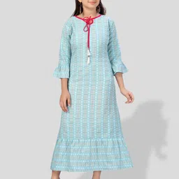 BAESD Girls Geometric Printed Tie-Up Neck Bell Sleeves A-Line Maxi Dress-image-74