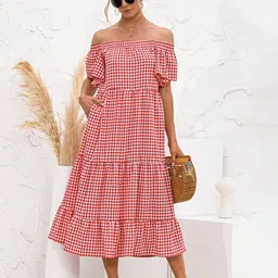 StyleCast x Revolte Checked Off-Shoulder Gathered & Tiered Midi A-Line Dress-picture-14