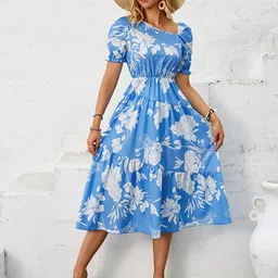 StyleCast x Revolte Floral Printed Asymmetric Neck Puff Sleeves Fit & Flare Midi Dress-image-24