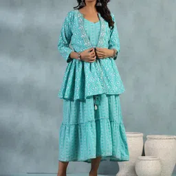 KALINI Ethnic Motifs Printed Tiered Pure Cotton Fit & Flare Midi Ethnic Dress with Jacket-picture-13